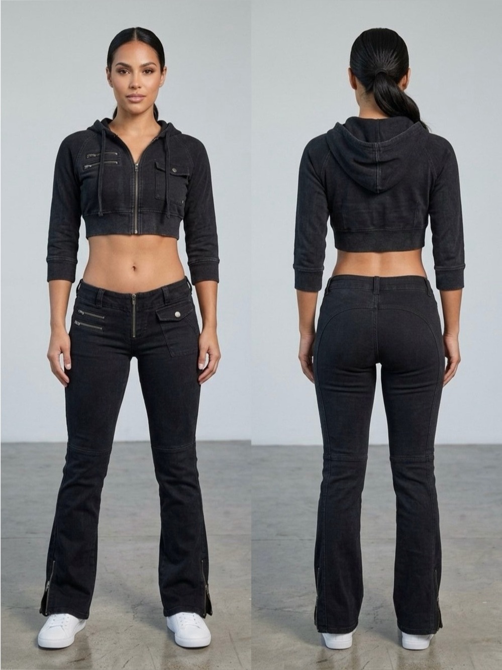 Bebe Y2K Vintage Black set Crop Hoodie & Low-Rise Flare
Pants